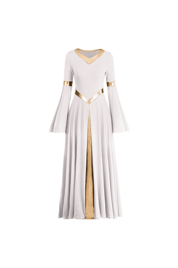 Women Metallic Color Block Liturgical Praise Dance Dress Bell Long Sleeve Lyrical Dancewear Gowns Worship Costume S White