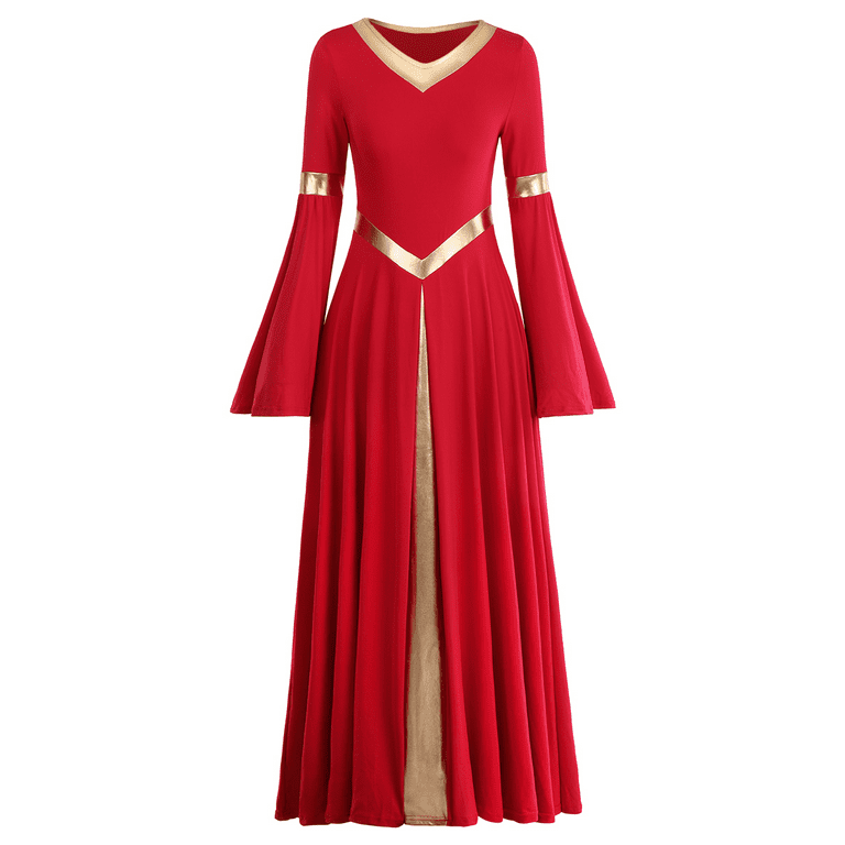 IBTOM CASTLE Women Metallic Color Block Liturgical Praise Dance Dress Bell  Long Sleeve Lyrical Dancewear Gowns Worship Costume XL Red