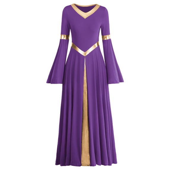 IBTOM CASTLE Women Metallic Color Block Liturgical Praise Dance Dress Bell Long Sleeve Lyrical Dancewear Gowns Worship Costume XS Purple