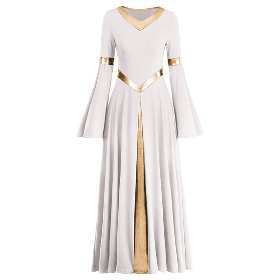 IBTOM CASTLE Women Metallic Color Block Liturgical Praise Dance Dress Bell Long Sleeve Lyrical Dancewear Gowns Worship Costume XS White