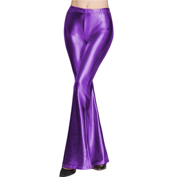 IBTOM CASTLE Women Metallic Wide Leg Pants High Waist Stretchy Bell Bottom Flared Trousers 70s Disco Dance Party Leggings Clubwear XL Purple