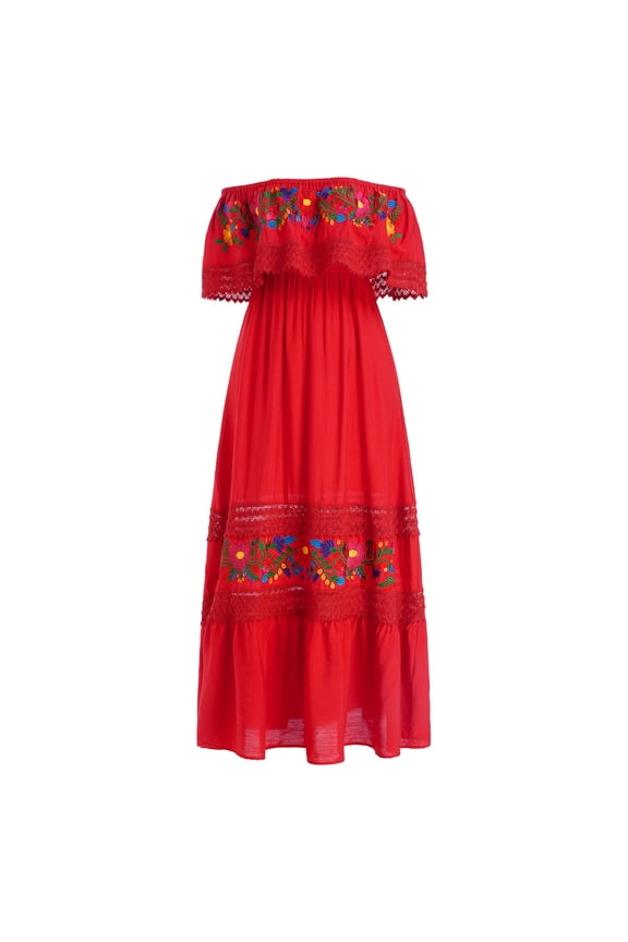 Women's Summer Floral Print Mexican Dress Off Shoulder Beach Holiday Party Long Maxi Gowns M Red