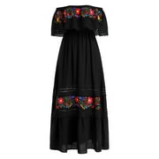 IBTOM CASTLE Womens Summer Floral Print Mexican Dress Off Shoulder Beach Holiday Party Long Maxi Gowns XL Black