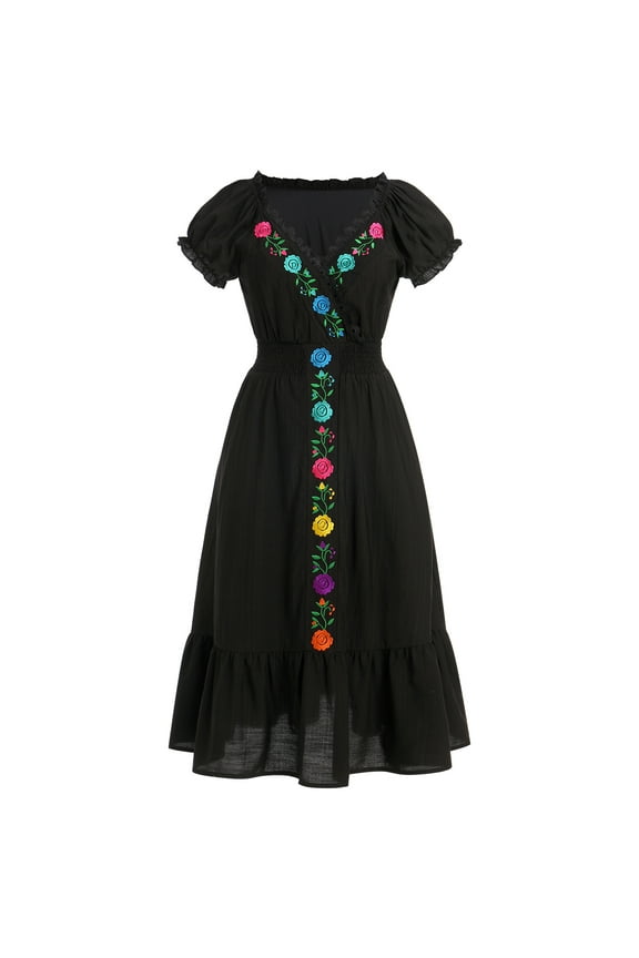 Women Mexican Fiesta Dress Summer Floral Embroidered Traditional Wear Beach Holiday Party Long Maxi Gown XXL Black