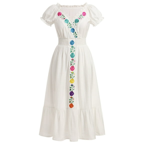 IBTOM CASTLE Women Mexican Fiesta Dress Summer Floral Embroidered Traditional Wear Beach Holiday Party Long Maxi Gown XXL White