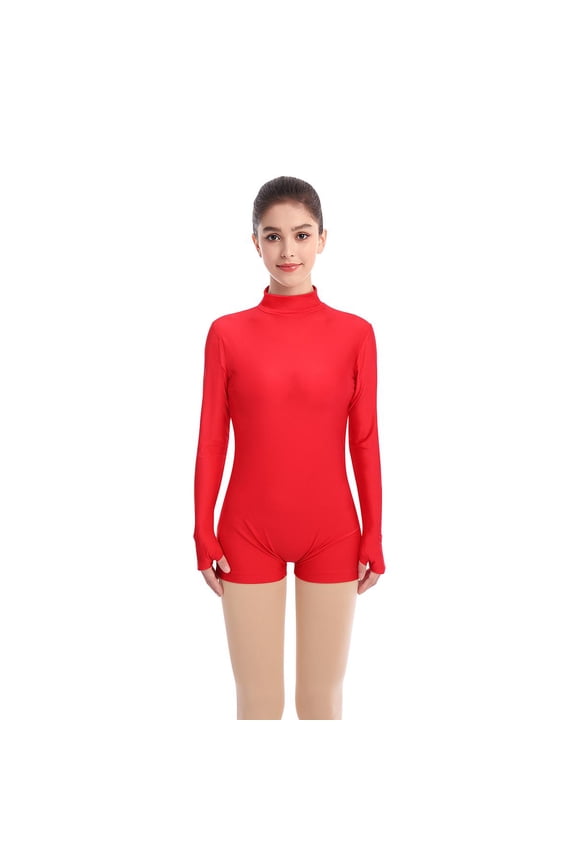 Women Mock Neck Ballet Dance Leotards Long Sleeve Gymnastic Bodysuit One Piece Ballerina Dancewear M Red