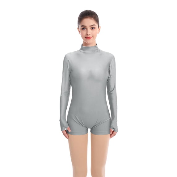 IBTOM CASTLE Women Mock Neck Ballet Dance Leotards Long Sleeve Gymnastic Bodysuit One Piece Ballerina Dancewear S Gray
