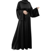 IBTOM CASTLE Women Muslim Abaya Long Sleeve Maxi Dress Loose Full Length East Arabian Kaftan Robe Dubai Islamic Eid Ramadan Modest Prayer Clothes M Black