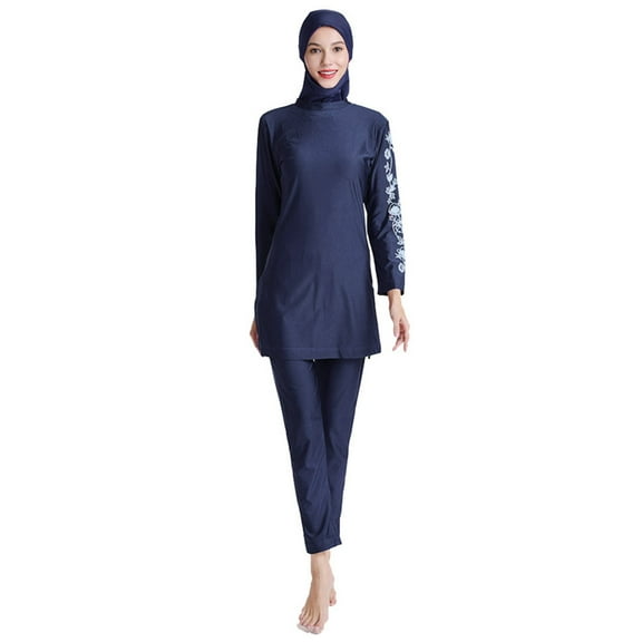 IBTOM CASTLE Women Muslim Burkini Swimsuits Modest Swimwear Islamic Long Sleeve Full Cover Hijab Swim Top Pants Plain ​Bathing Suit 3XL Dark Blue Floral