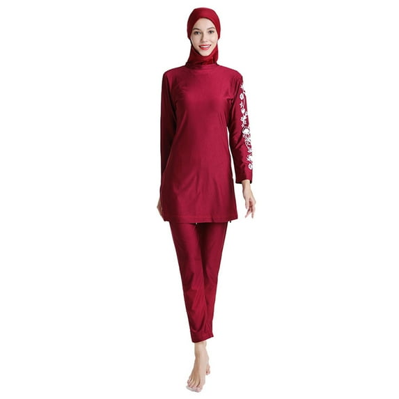 IBTOM CASTLE Women Muslim Burkini Swimsuits Modest Swimwear Islamic Long Sleeve Full Cover Hijab Swim Top Pants Plain Bathing Suit 4XL Red Floral