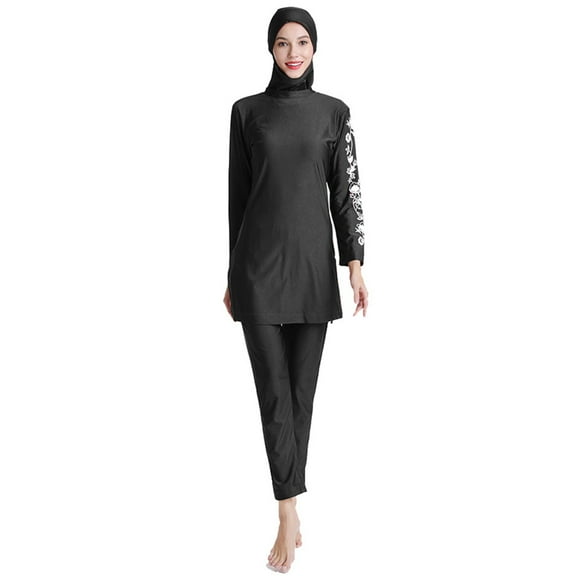 IBTOM CASTLE Women Muslim Burkini Swimsuits Modest Swimwear Islamic Long Sleeve Full Cover Hijab Swim Top Pants Plain ​Bathing Suit L Black Floral