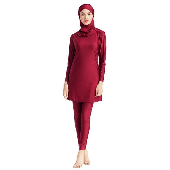 IBTOM CASTLE Women Muslim Burkini Swimsuits Modest Swimwear Islamic Long Sleeve Full Cover Hijab Swim Top Pants Plain Bathing Suit L Red