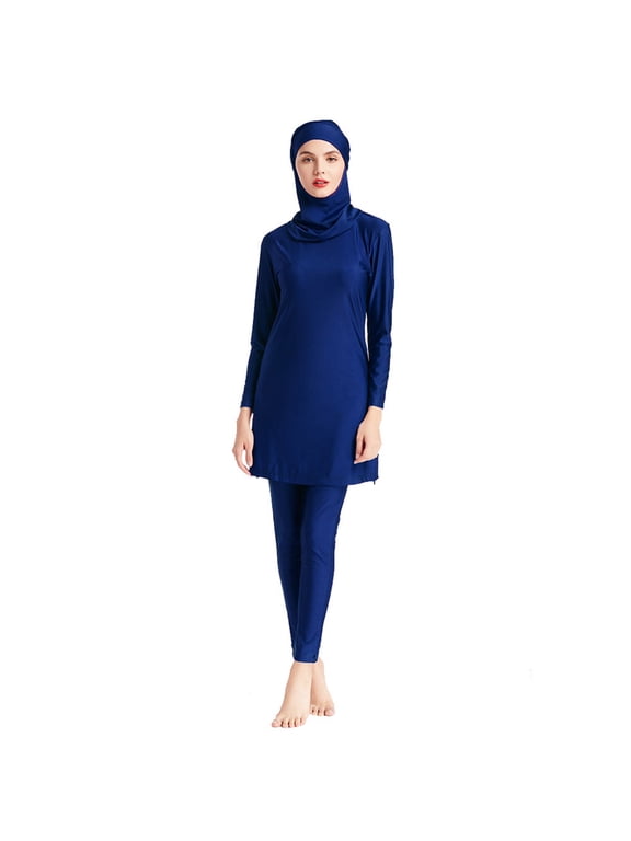 Women Muslim Burkini Swimsuits Modest Swimwear Islamic Long Sleeve Full Cover Hijab Swim Top Pants Plain Bathing Suit XL Dark Blue