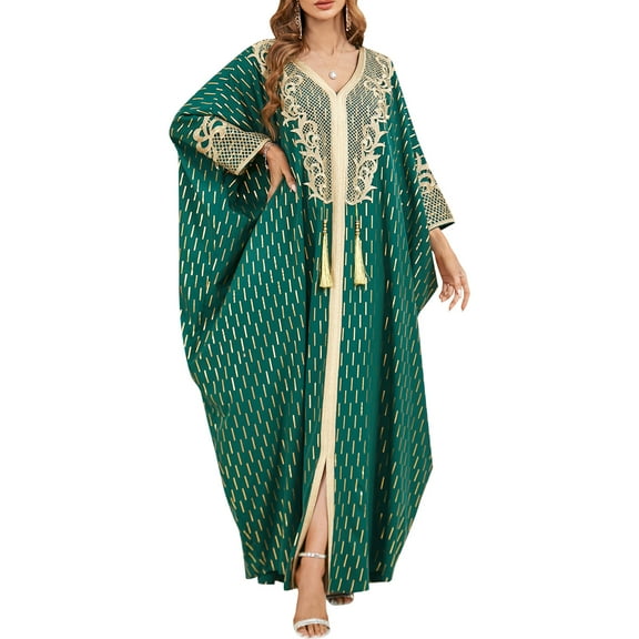 IBTOM CASTLE Women Muslim Dress Batwing Sleeve Embroidered Abaya Kaftans Modern Elegant Dubai Moroccan Islamic Dresses One Size Green