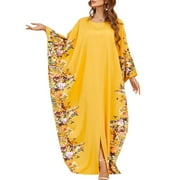 IBTOM CASTLE Women Muslim Dress Batwing Sleeve Embroidered Abaya Kaftans Modern Elegant Dubai Moroccan Islamic Dresses One Size Yellow