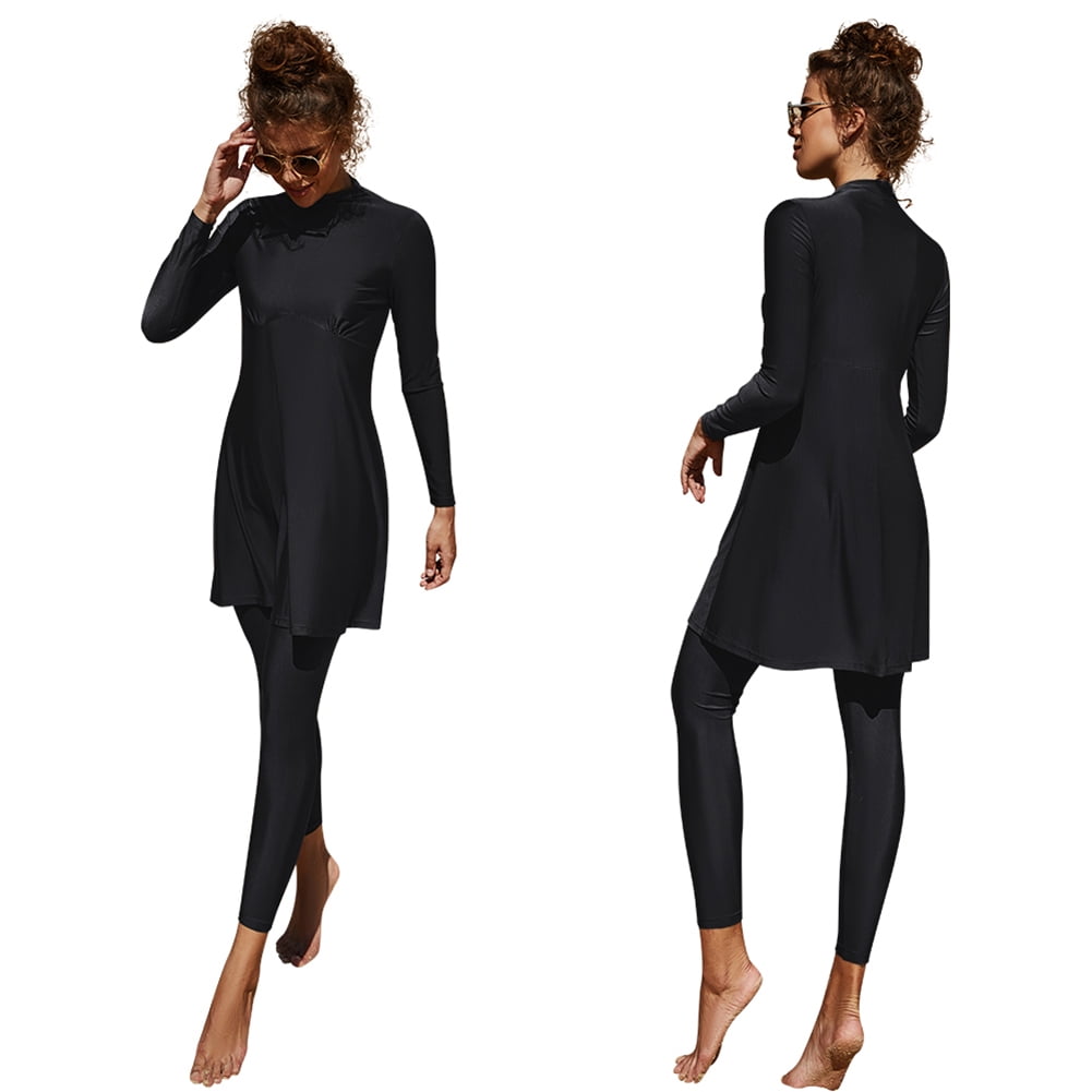 IBTOM CASTLE Women Muslim Swimsuits Modest Burkini Swimwear Islamic Long Sleeve Full Cover Swim Top Leggings Pants ​Bathing Suits L Black