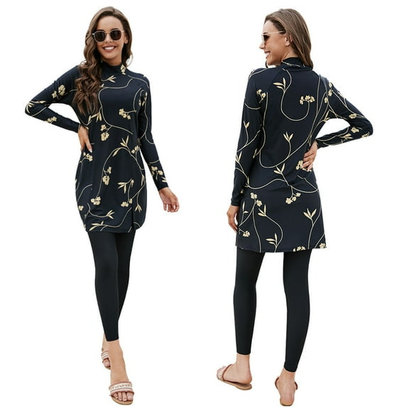 IBTOM CASTLE Women Muslim Swimsuits Modest Burkini Swimwear Islamic Long Sleeve Full Cover Swim Top Leggings Pants Bathing Suits S Black Flower & Split