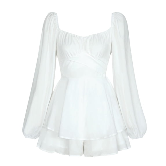 IBTOM CASTLE Women Off Shoulder Romper Boho Ruffle Chiffon Shorts Mini Dress Tie Bot Party Overall Playsuits Jumpsuit White