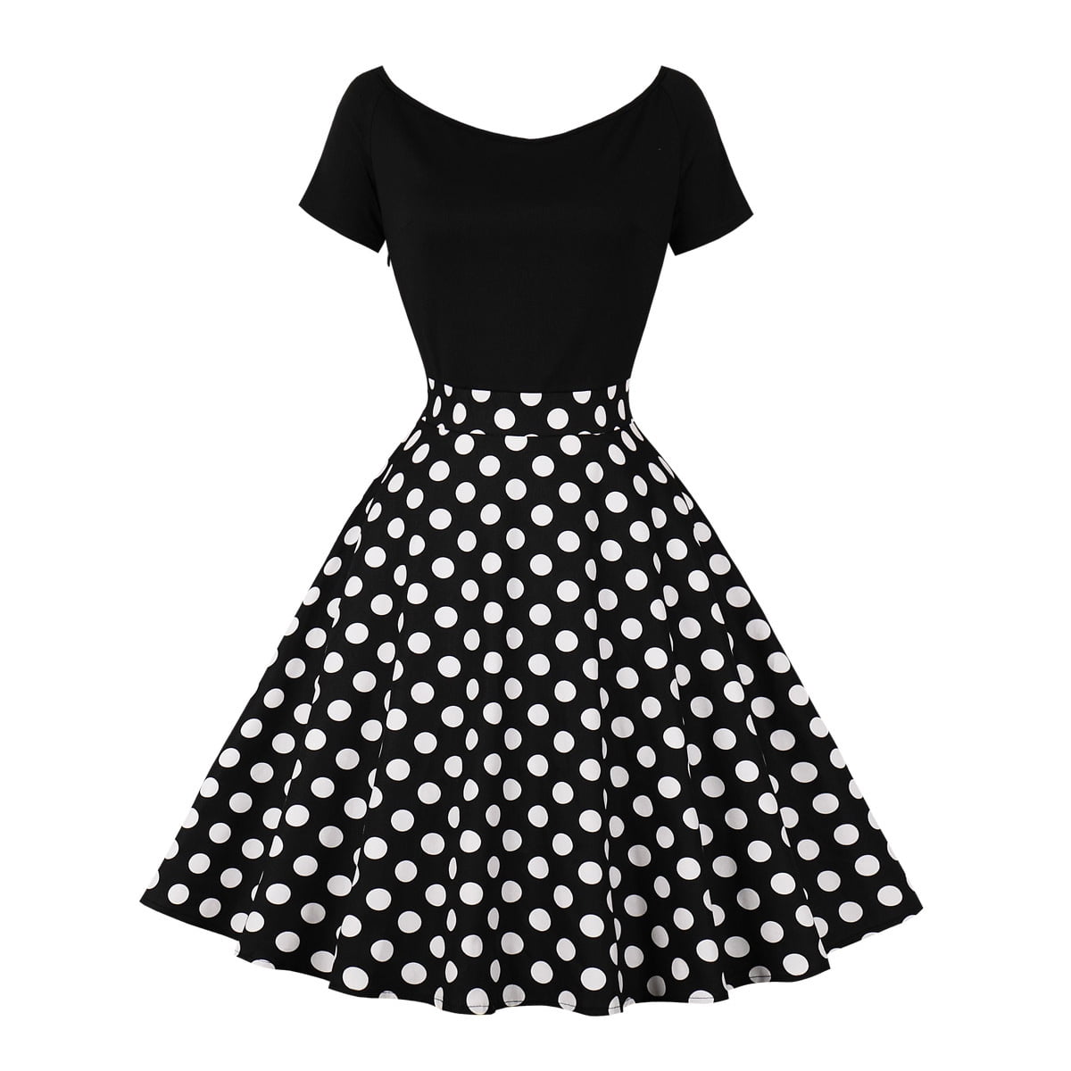 Ibtom Castle Women Off Shoulder Short Sleeve 1950s Retro Vintage Cocktail Party Swing Dress Patchwork 50s Polka Dot Dresses L Black, Women's, Size: