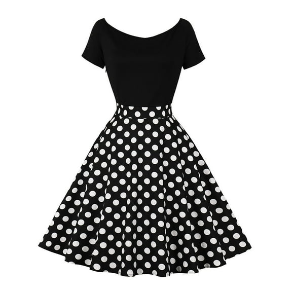IBTOM CASTLE Women Off Shoulder Short Sleeve 1950s Retro Vintage Cocktail Party Swing Dress Patchwork 50s Polka Dot Dresses M Black