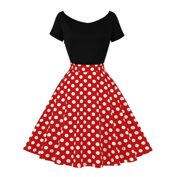 IBTOM CASTLE Women Off Shoulder Short Sleeve 1950s Retro Vintage Cocktail Party Swing Dress Patchwork 50s Polka Dot Dresses S Red