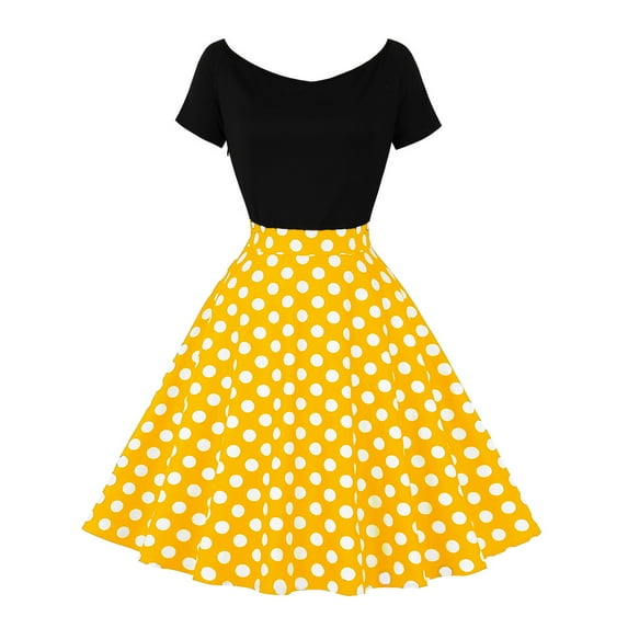 IBTOM CASTLE Women Off Shoulder Short Sleeve 1950s Retro Vintage Cocktail Party Swing Dress Patchwork 50s Polka Dot Dresses S Yellow