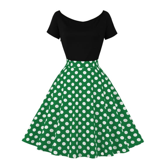 IBTOM CASTLE Women Off Shoulder Short Sleeve 1950s Retro Vintage Cocktail Party Swing Dress Patchwork 50s Polka Dot Dresses XXL Green