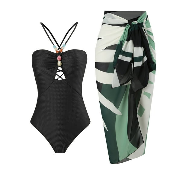 IBTOM CASTLE Women One Piece Swimsuit with Sarong Set Trendy Halter Lace up Swimwear Colorblock Coverup Bathing Suit L Black