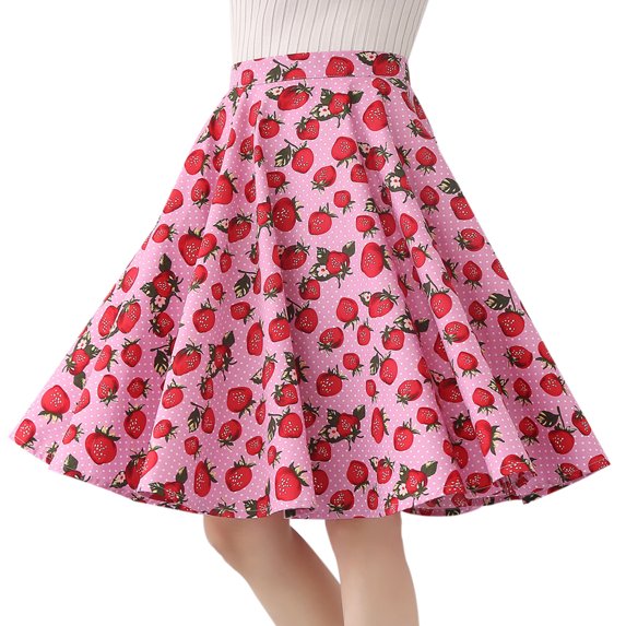IBTOM CASTLE Women Pleated Vintage Skirt Floral Print A-Line Midi Skirts 50s Polka Dots Knee-Length Flared Swing Cocktail Party Dresses L Pink - Strawberry
