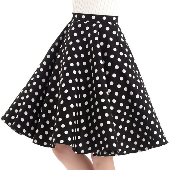 IBTOM CASTLE Women Pleated Vintage Skirt Floral Print A-Line Midi Skirts 50s Polka Dots Knee-Length Flared Swing Cocktail Party Dresses M Black - Polka Dots