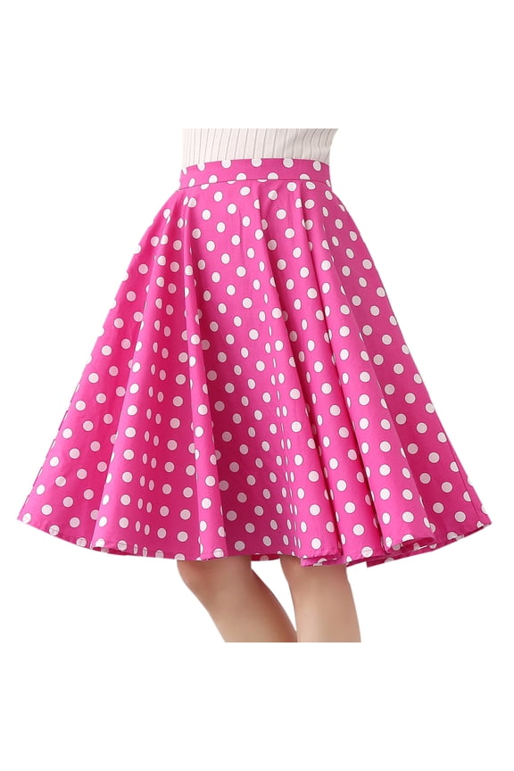Women Pleated Vintage Skirt Floral Print A-Line Midi Skirts 50s Polka Dots Knee-Length Flared Swing Cocktail Party Dresses S Hot Pink - Polka Dots