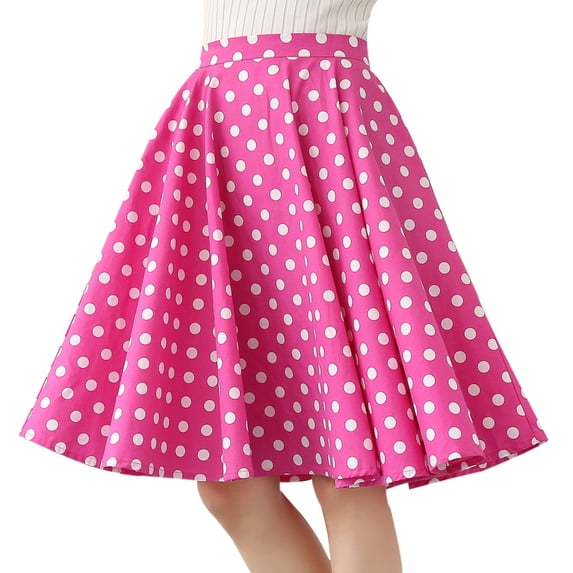 IBTOM CASTLE Women Pleated Vintage Skirt Floral Print A-Line Midi Skirts 50s Polka Dots Knee-Length Flared Swing Cocktail Party Dresses S Hot Pink - Polka Dots