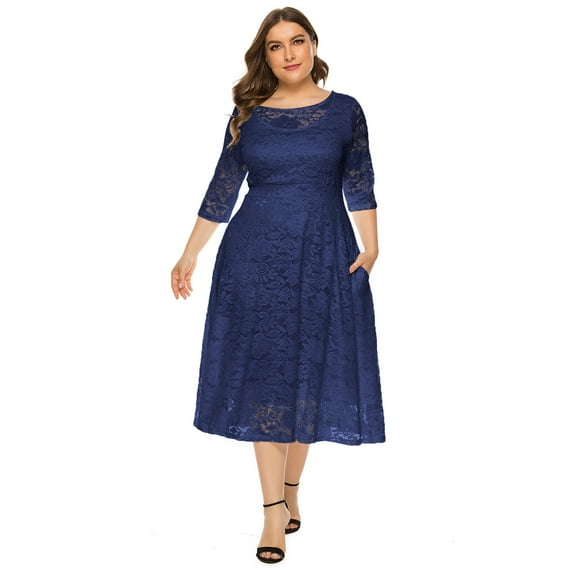 IBTOM CASTLE Women Plus Size Cocktail Dress Vintage 3/4 Sleeve Floral Lace Wedding Guest Dresses Pleated High Waist A-Line Swing Dresses Formal Prom Midi Party Dresses with Pockets 3XL Navy Blue