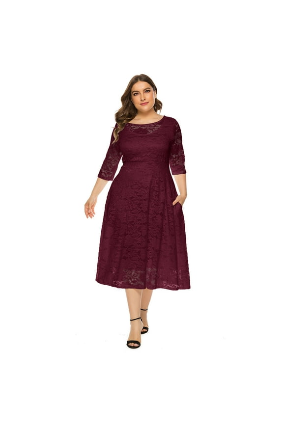 Women Plus Size Cocktail Dress Vintage 3/4 Sleeve Floral Lace Wedding Guest Dresses Pleated High Waist A-Line Swing Dresses Formal Prom Midi Party Dresses with Pockets XL Deep Red