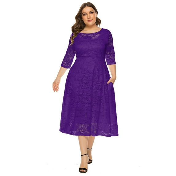 IBTOM CASTLE Women Plus Size Cocktail Dress Vintage 3/4 Sleeve Floral Lace Wedding Guest Dresses Pleated High Waist A-Line Swing Dresses Formal Prom Midi Party Dresses with Pockets 5XL Purple