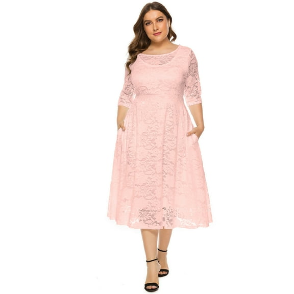 IBTOM CASTLE Women Plus Size Cocktail Dress Vintage 3/4 Sleeve Floral Lace Wedding Guest Dresses Pleated High Waist A-Line Swing Dresses Formal Prom Midi Party Dresses with Pockets 3XL Pink