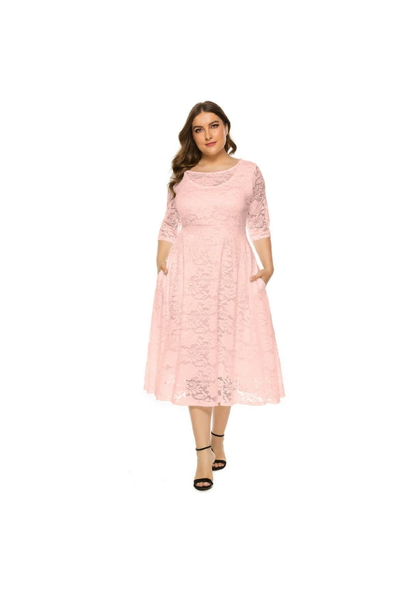 Women Plus Size Cocktail Dress Vintage 3/4 Sleeve Floral Lace Wedding Guest Dresses Pleated High Waist A-Line Swing Dresses Formal Prom Midi Party Dresses with Pockets 3XL Pink