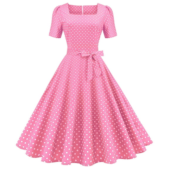 IBTOM CASTLE Women Polka Dots Vintage Dress 1950s Retro Rockabilly Swing Dress Ladies Cocktail Tea Party Summer Casual Dresses L Pink