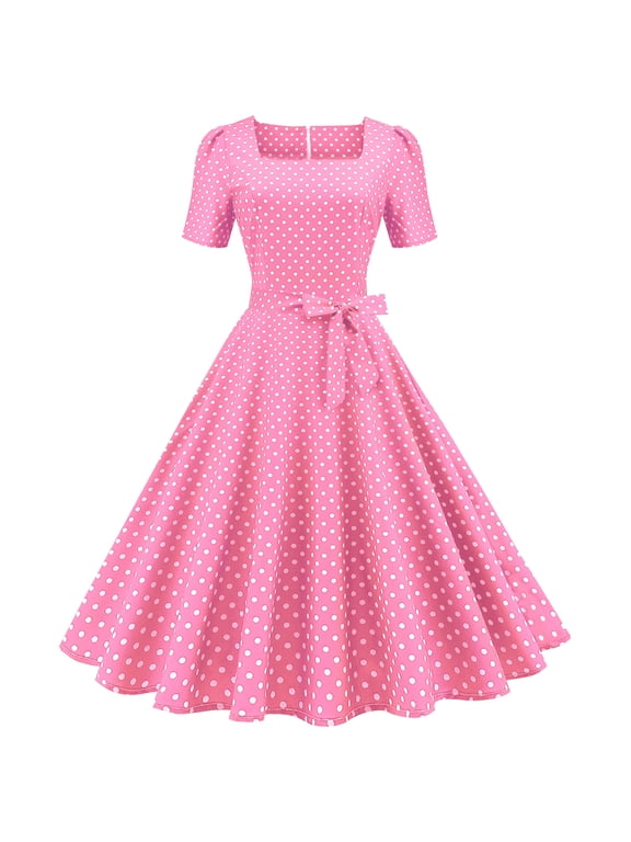 Women Polka Dots Vintage Dress 1950s Retro Rockabilly Swing Dress Ladies Cocktail Tea Party Summer Casual Dresses L Pink