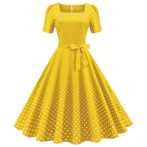IBTOM CASTLE Women Polka Dots Vintage Dress 1950s Retro Rockabilly Swing Dress Ladies Cocktail Tea Party Summer Casual Dresses L Yellow
