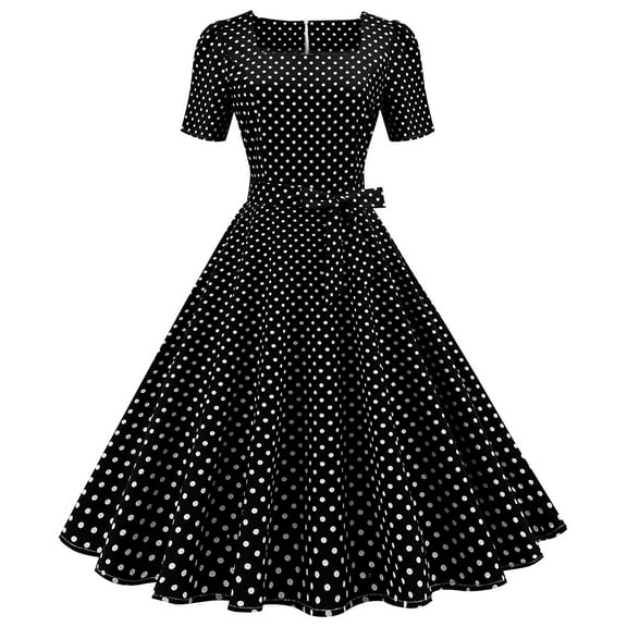 IBTOM CASTLE Women Polka Dots Vintage Dress 1950s Retro Rockabilly Swing Dress Ladies Cocktail Tea Party Summer Casual Dresses S Black