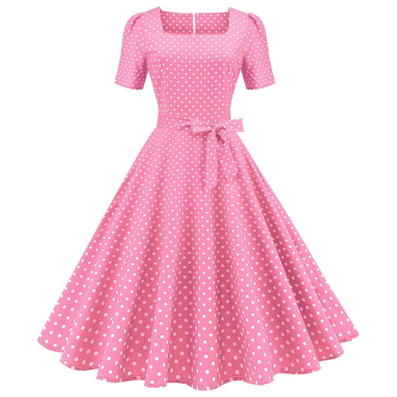IBTOM CASTLE Women Polka Dots Vintage Dress 1950s Retro Rockabilly Swing Dress Ladies Cocktail Tea Party Summer Casual Dresses XL Pink