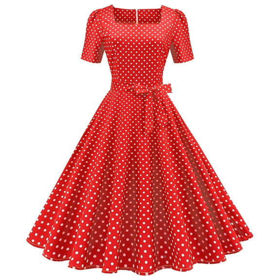 IBTOM CASTLE Women Polka Dots Vintage Dress 1950s Retro Rockabilly Swing Dress Ladies Cocktail Tea Party Summer Casual Dresses XL Red