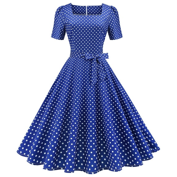 IBTOM CASTLE Women Polka Dots Vintage Dress 1950s Retro Rockabilly Swing Dress Ladies Cocktail Tea Party Summer Casual Dresses XXL Blue