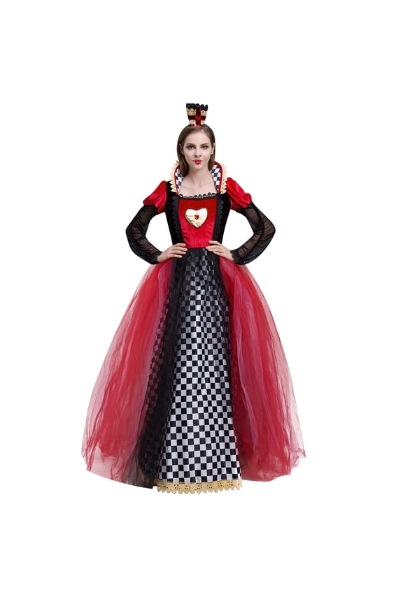 Women Queen Dress Adult Cosplay Halloween Clothes with Crown Queen of Hearts Fancy Dress Up for Christmas Carnival Birthday Party