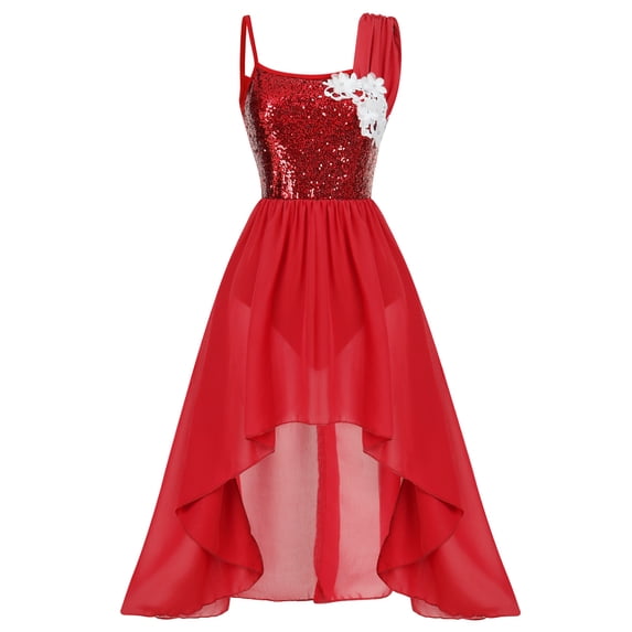 IBTOM CASTLE Women Sequin Lyrical Dance Dress Adult Contemporary High Low Tulle Chiffon Skirt Praise Dancewear L Red