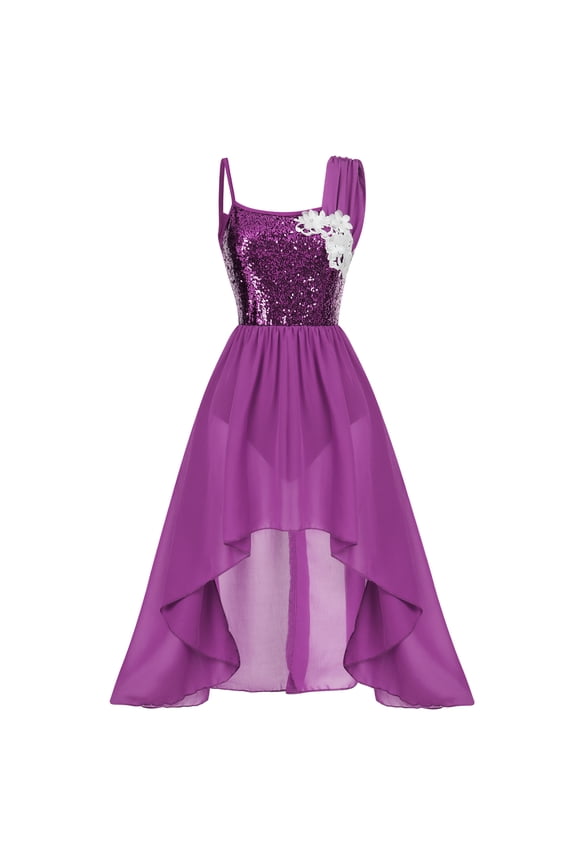 Women Sequin Lyrical Dance Dress Adult Contemporary High Low Tulle Chiffon Skirt Praise Dancewear XS Purple