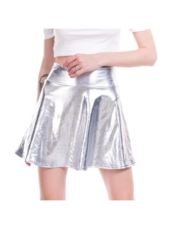 Women Shiny Metallic Flared Pleated A-Line Ballet Dance Flared Skater Skirt S Silver