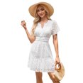 thumbnail image 1 of IBTOM CASTLE Women Short Sleeve Hollow Out Mini Dress Summer Casual Ruffle A-Line V Neck Sundress Beach Lace Vacation Dress L White, 1 of 8