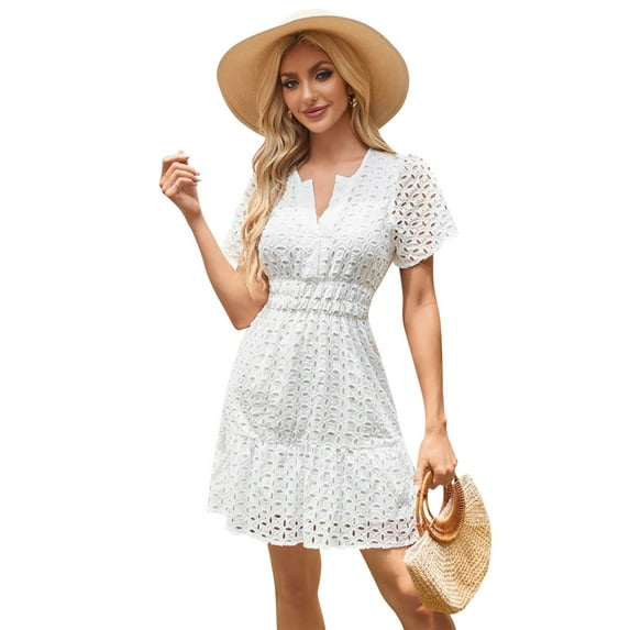 IBTOM CASTLE Women Short Sleeve Hollow Out Mini Dress Summer Casual Ruffle A-Line V Neck Sundress Beach Lace Vacation Dress L White